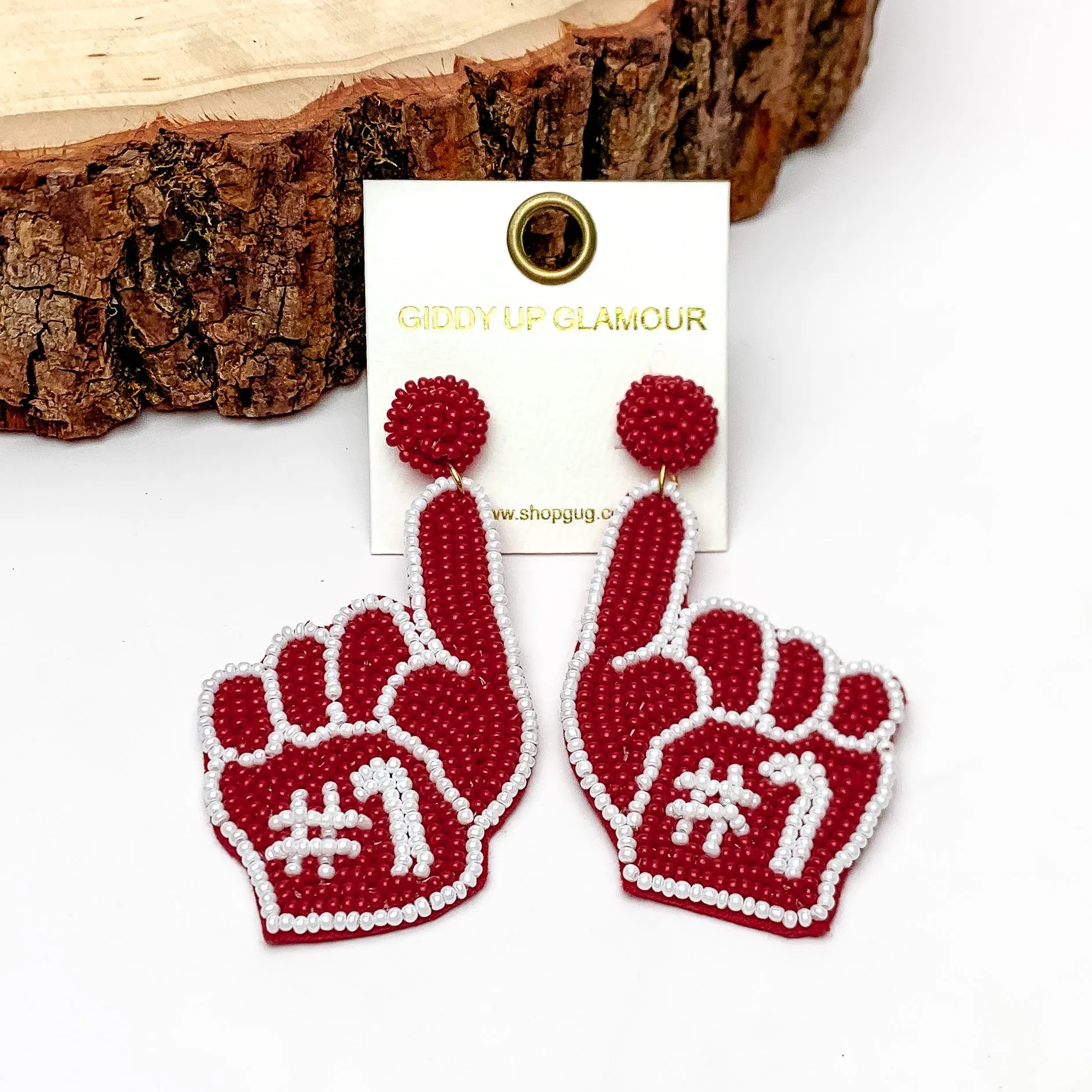 #1 Beaded Foam Finger Earrings in Maroon and White