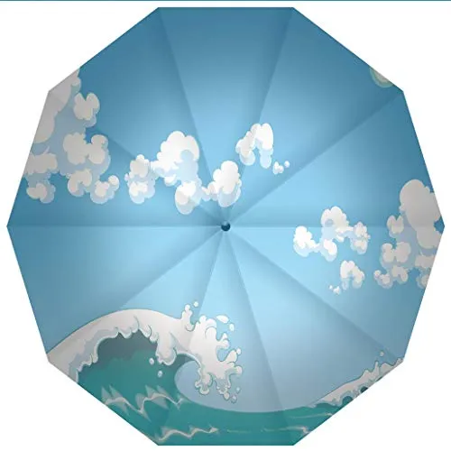 10 Ribs Travel Umbrella UV Protection Auto Open Close Cartoon,Blue Tones Wave Sea Image Open Sky