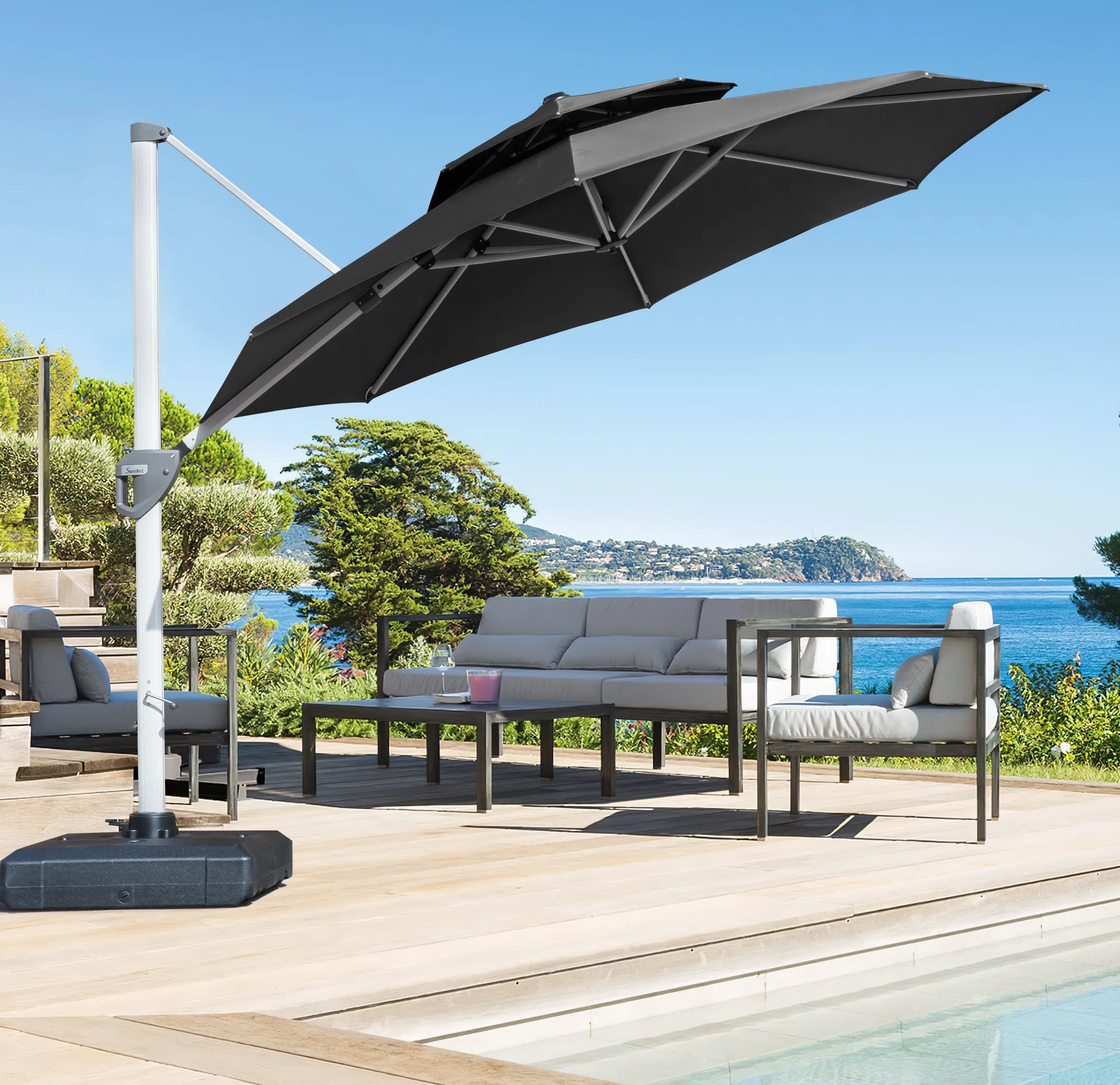 11 Feet Round Patio Umbrella Aluminum Frame Cantilever Umbrella Large Outdoor Umbrella Windproof Offset Umbrella Heavy Duty Sturdy Umbrella for Pool, Deck, Garden, Beach, Porch