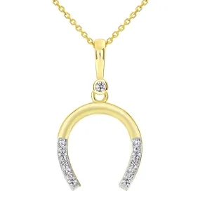 14k Solid Yellow Gold Good Luck Horseshoe Pendant Necklace with Cubic Zirconia