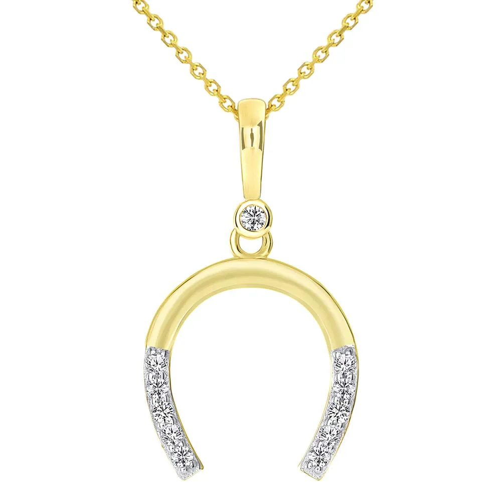 14k Solid Yellow Gold Good Luck Horseshoe Pendant Necklace with Cubic Zirconia