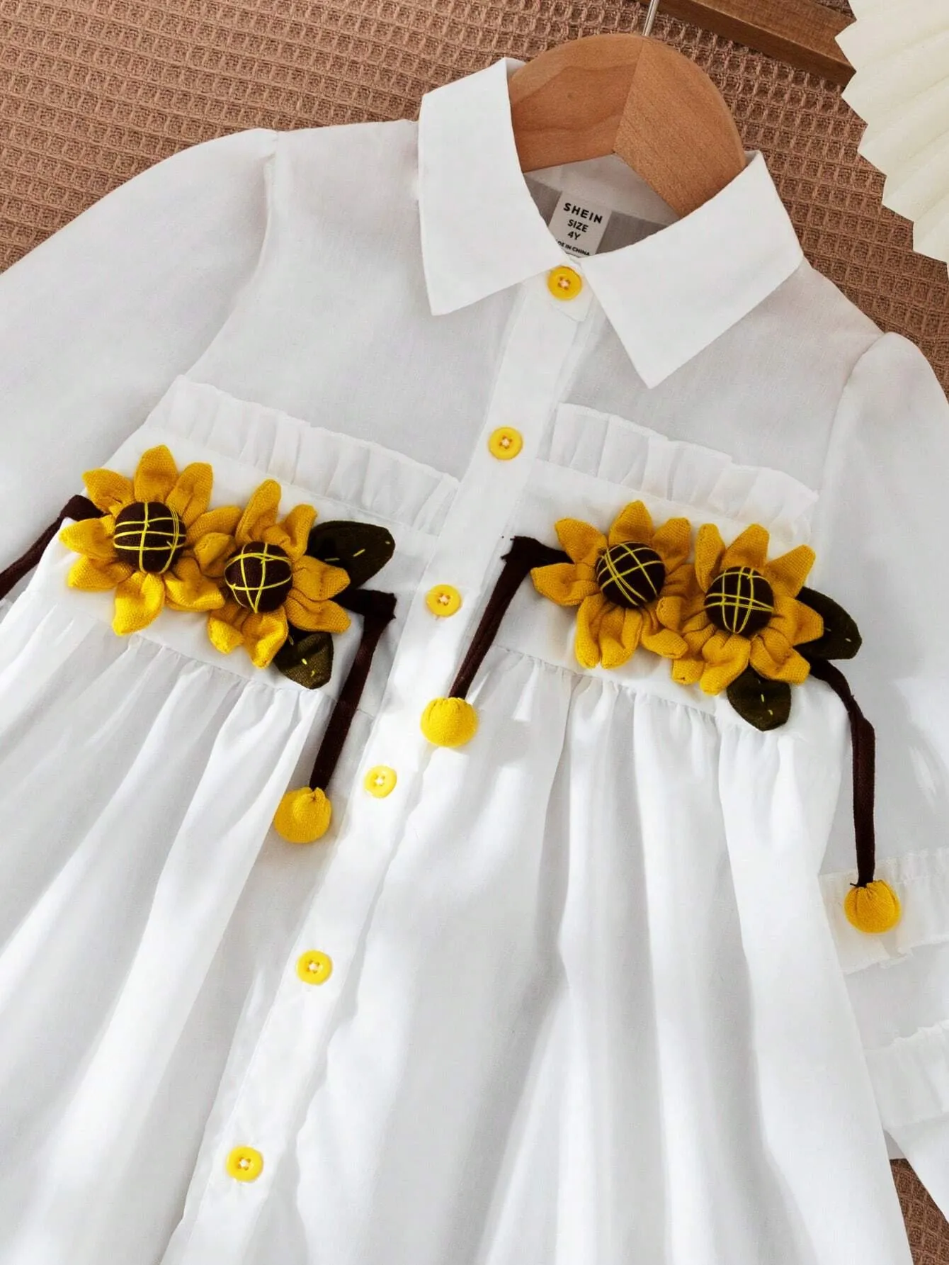 2024 New Spring/Summer Cute & Trendy Korean Style Girls' Irregular 3D Sunflower Shirt Dress