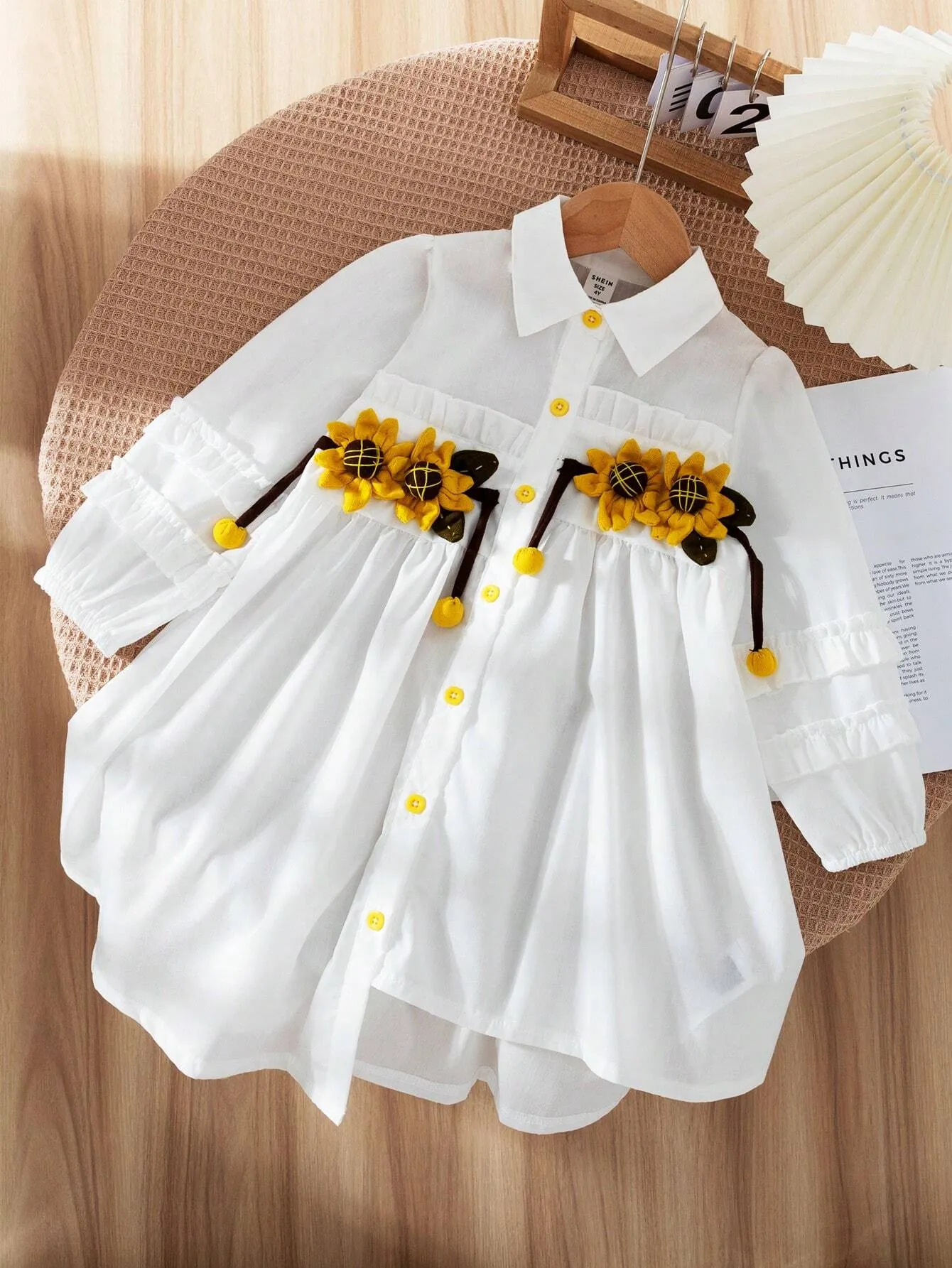 2024 New Spring/Summer Cute & Trendy Korean Style Girls' Irregular 3D Sunflower Shirt Dress