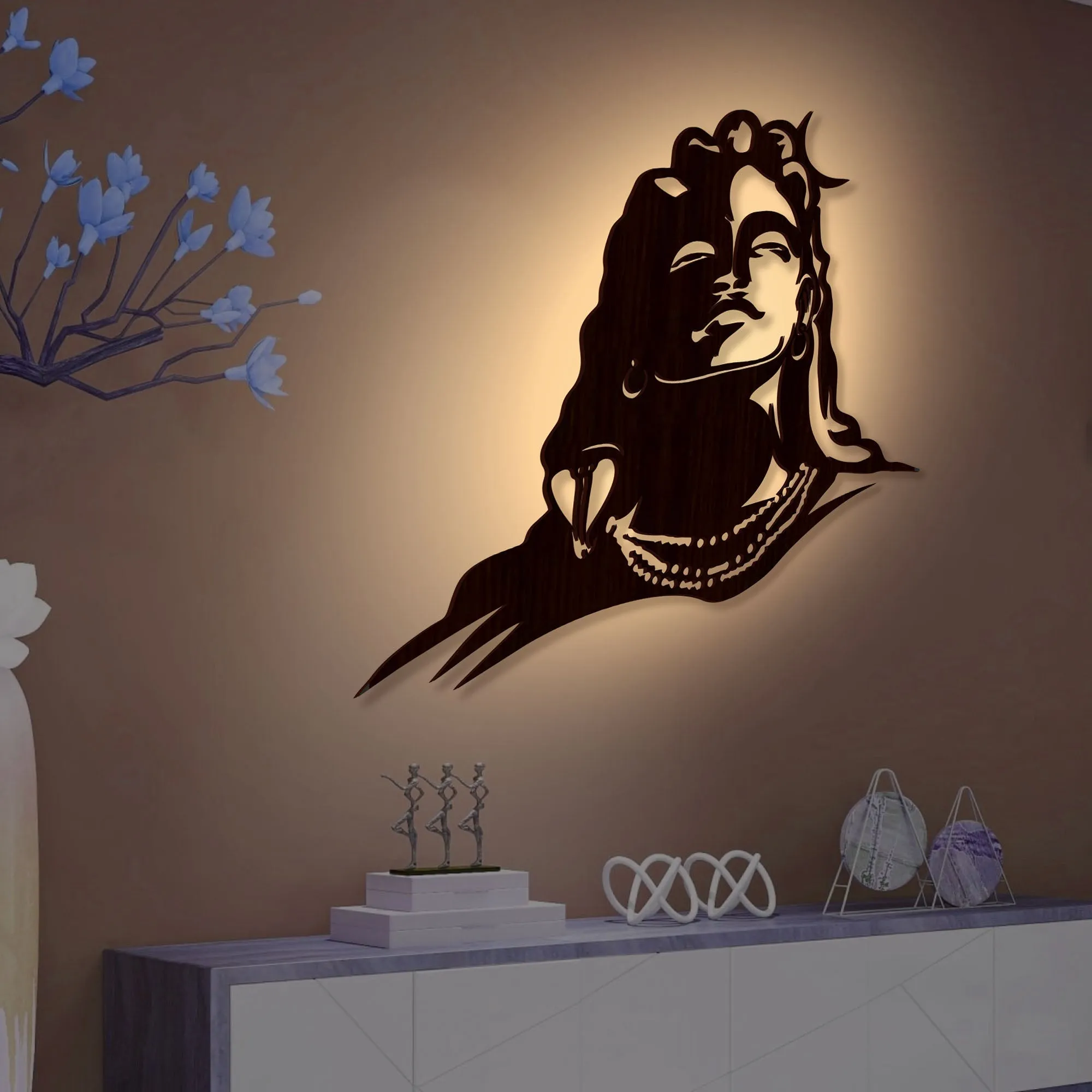 Adiyogi Lord Shiva Premium Backlit Design Wooden Wall Hanging with LED Night Light Walnut Finish