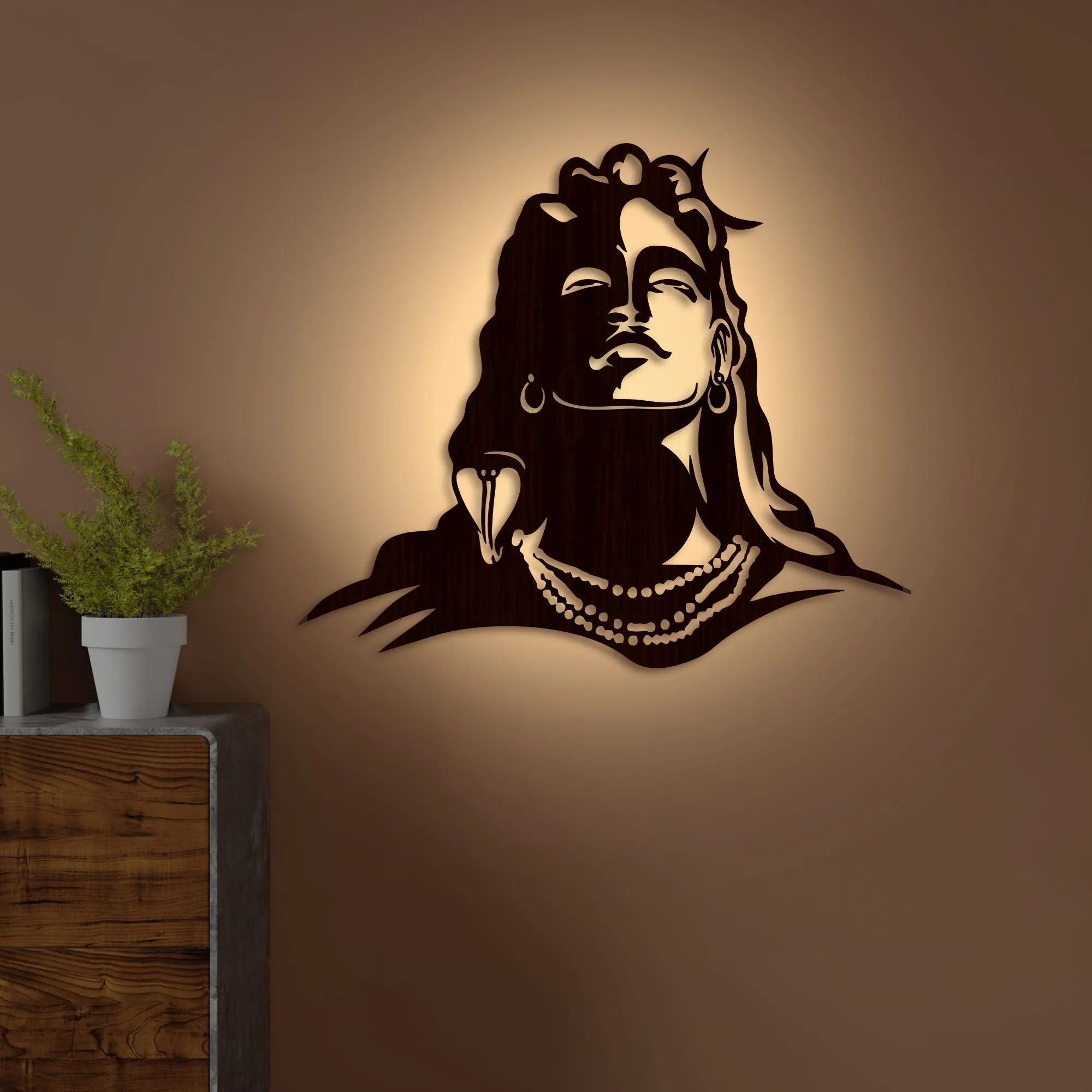 Adiyogi Lord Shiva Premium Backlit Design Wooden Wall Hanging with LED Night Light Walnut Finish