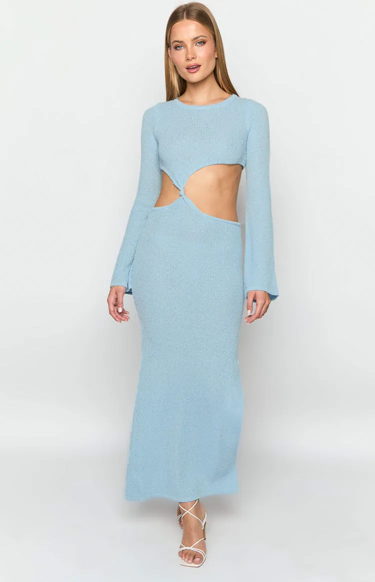 Arya Blue Long Sleeve Knit Maxi Dress