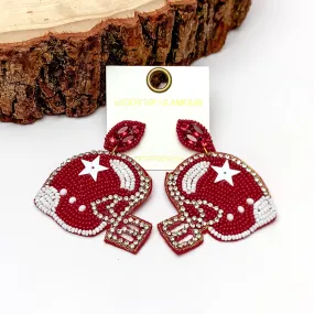 Beaded Football Helmet Earrings with a Clear Crystal Outline in Maroon