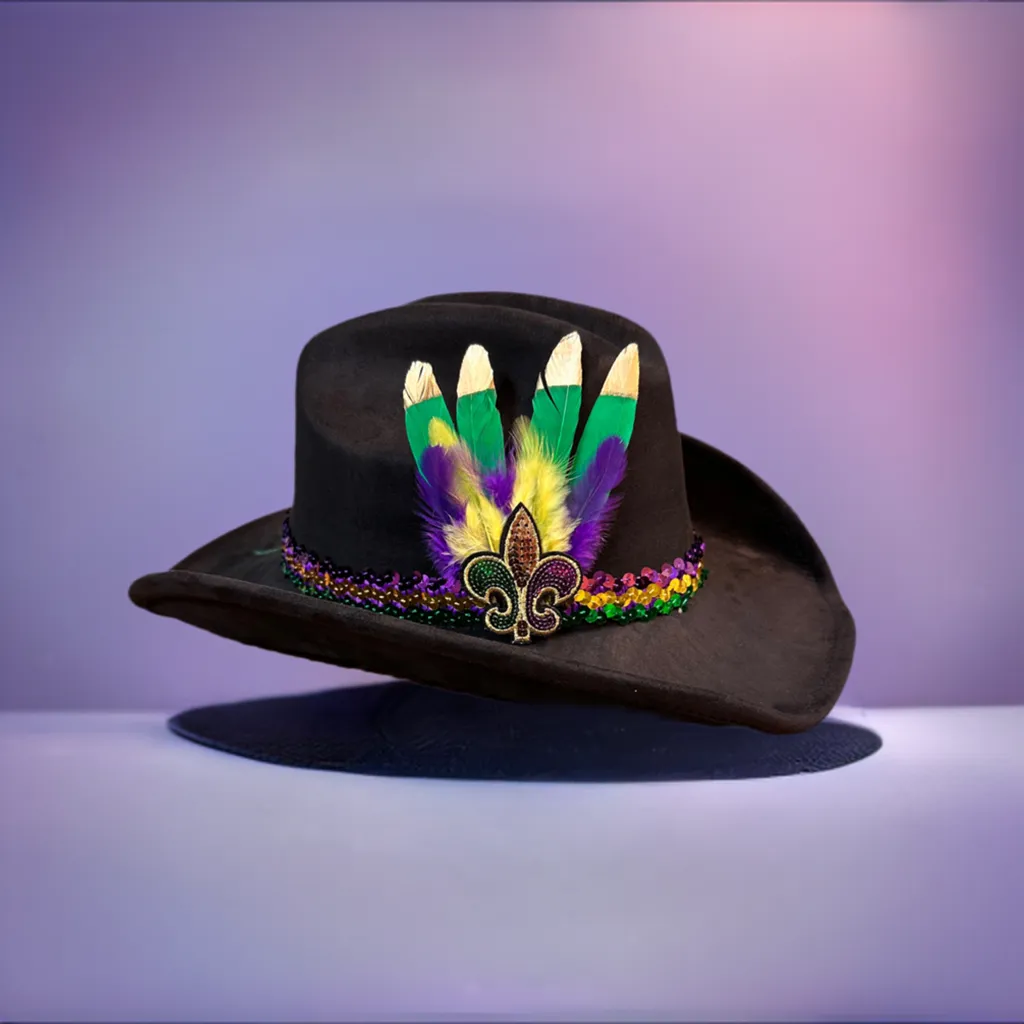 BLACK FEATHER COWBOY MARDI GRAS HAT