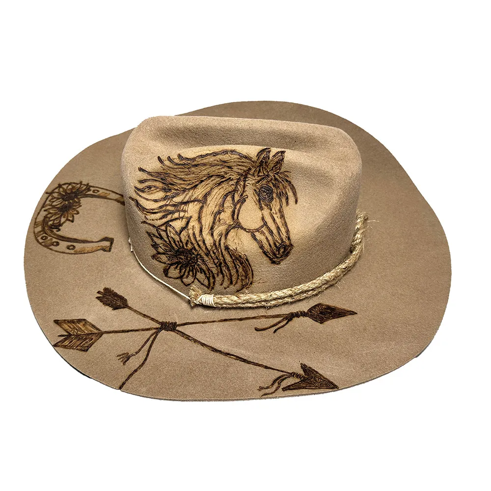 Custom Burned Cowboy Hat- Beige - Bourbon Cowgirl