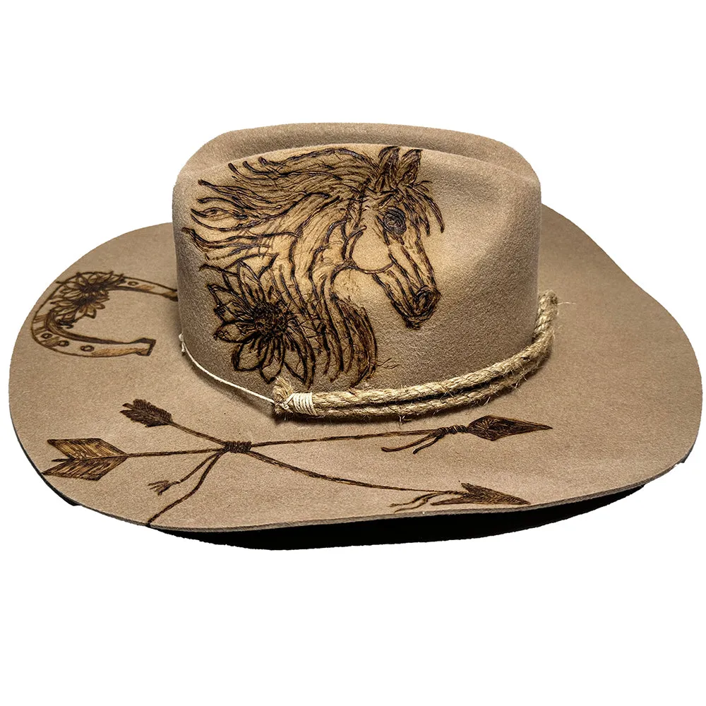 Custom Burned Cowboy Hat- Beige - Bourbon Cowgirl