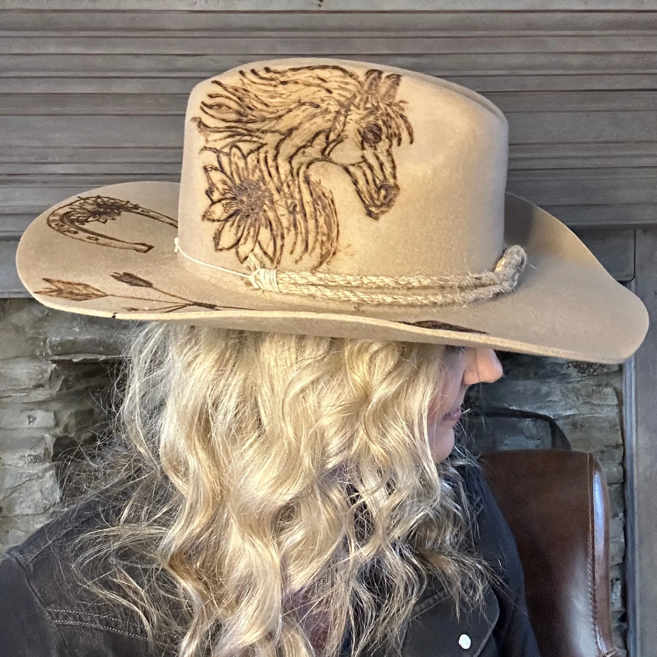 Custom Burned Cowboy Hat- Beige - Bourbon Cowgirl