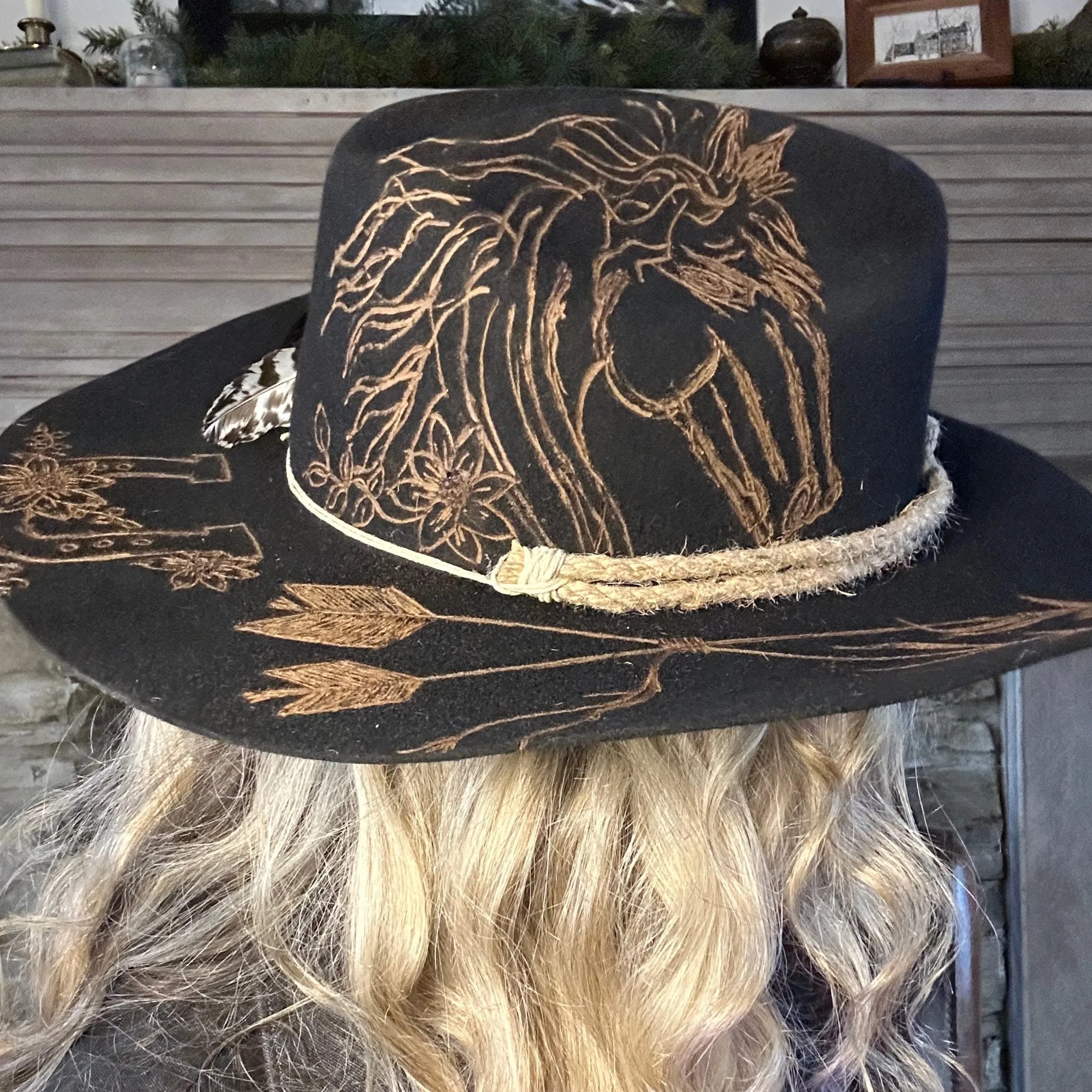 Custom Burned Cowboy Hat- Black - Bourbon Cowgirl