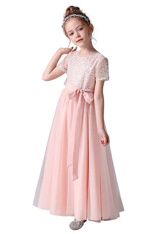 Cute Pink Tulle Sequins Flower Girl Dress With Belt