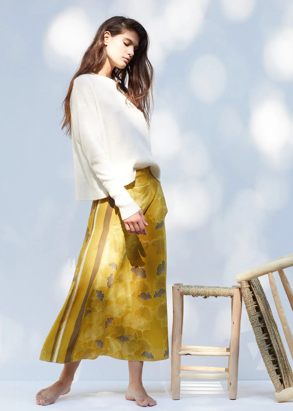 FLOWING SILK SKIRT "LEANDRA" WITH GINKGO PRINT