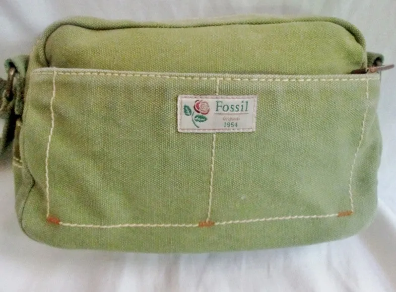 FOSSIL canvas messenger satchel shoulder hobo saddle bag organizer GREEN M vegan