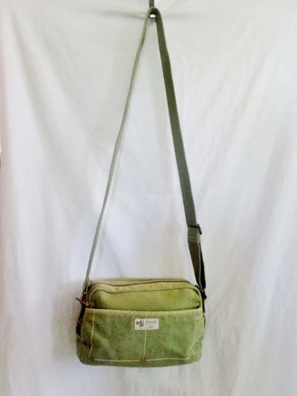 FOSSIL canvas messenger satchel shoulder hobo saddle bag organizer GREEN M vegan