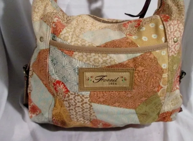 FOSSIL leather cloth messenger satchel shoulder crossbody bag PATCHWORK FLORAL