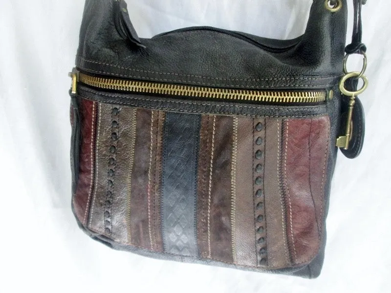 FOSSIL leather messenger satchel shoulder crossbody bag PATCHWORK BROWN KEY