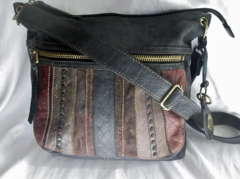 FOSSIL leather messenger satchel shoulder crossbody bag PATCHWORK BROWN KEY