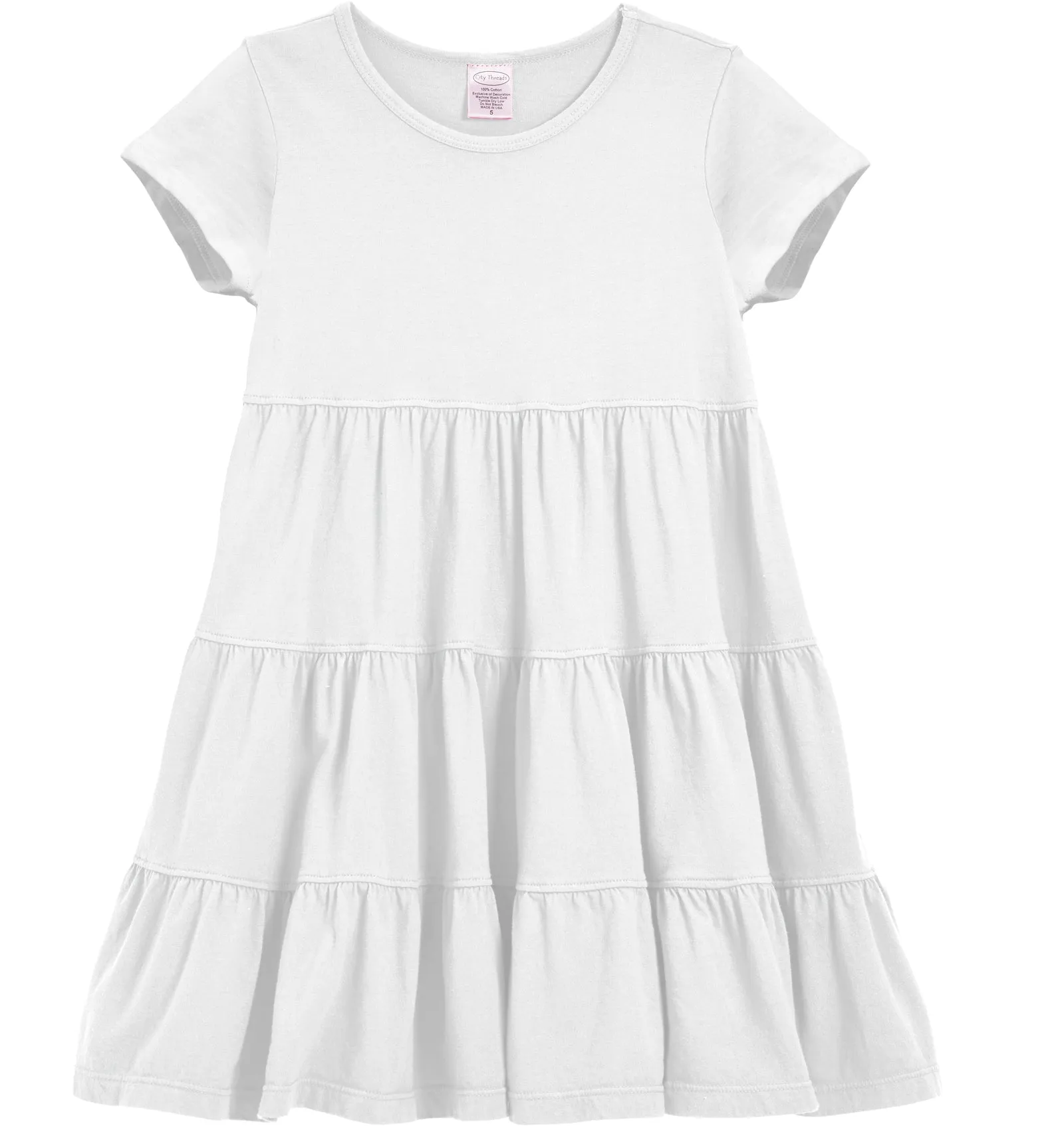 Girls Soft Cotton Jersey Short Sleeve Tiered Dress -Seconds| Damage-White