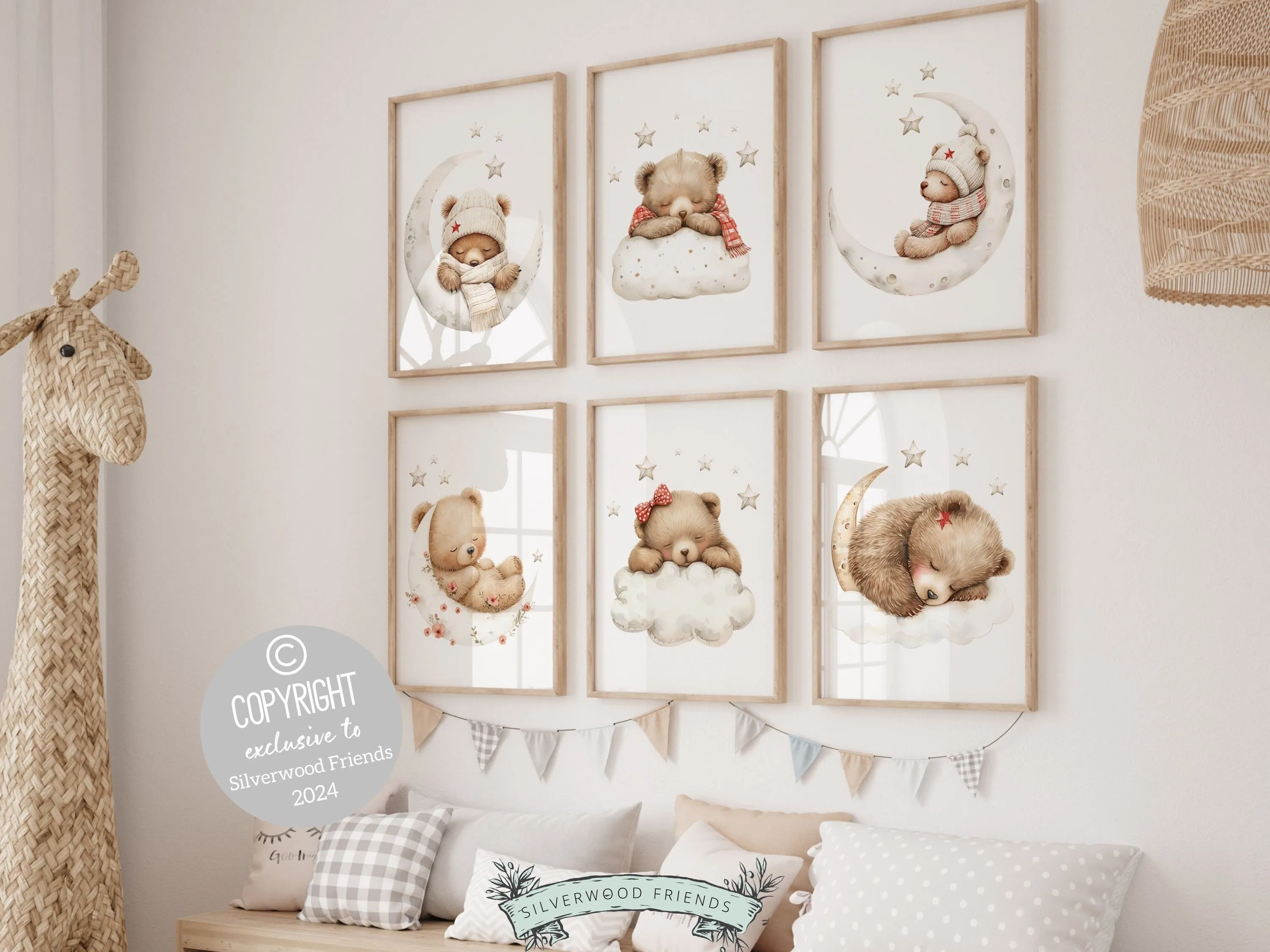 Girls Teddy Bear Nursery Prints - Set of 6