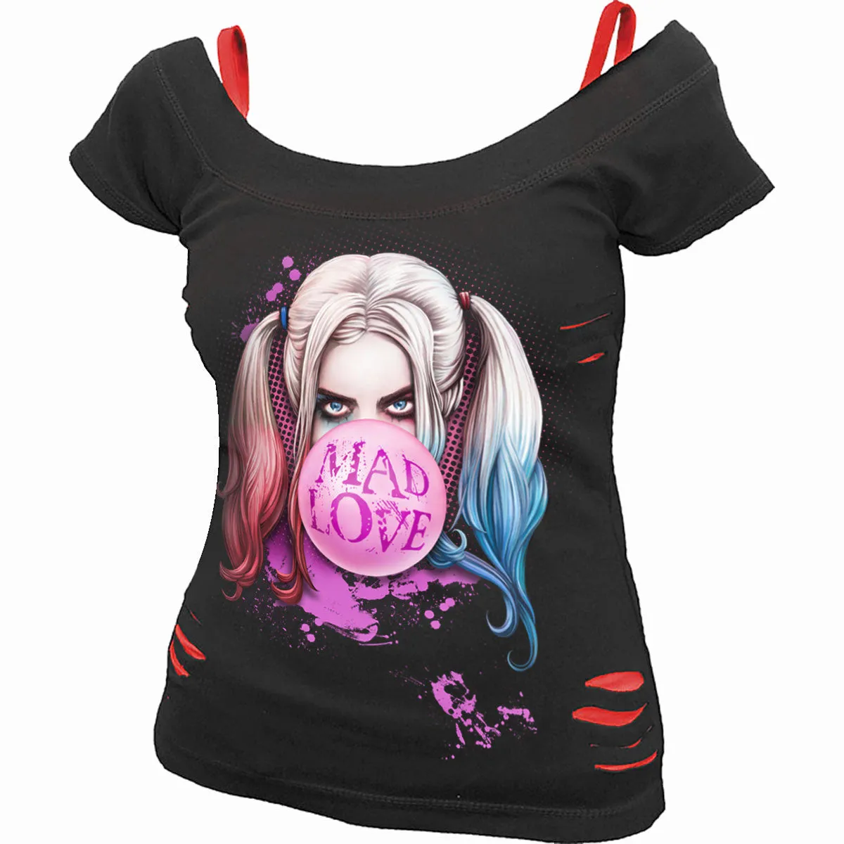 HARLEY QUINN - MAD LOVE - 2in1 Red Ripped Top Black