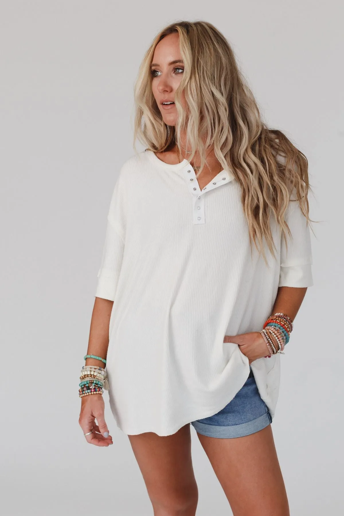 Leila Ribbed Henley Top - Ivory