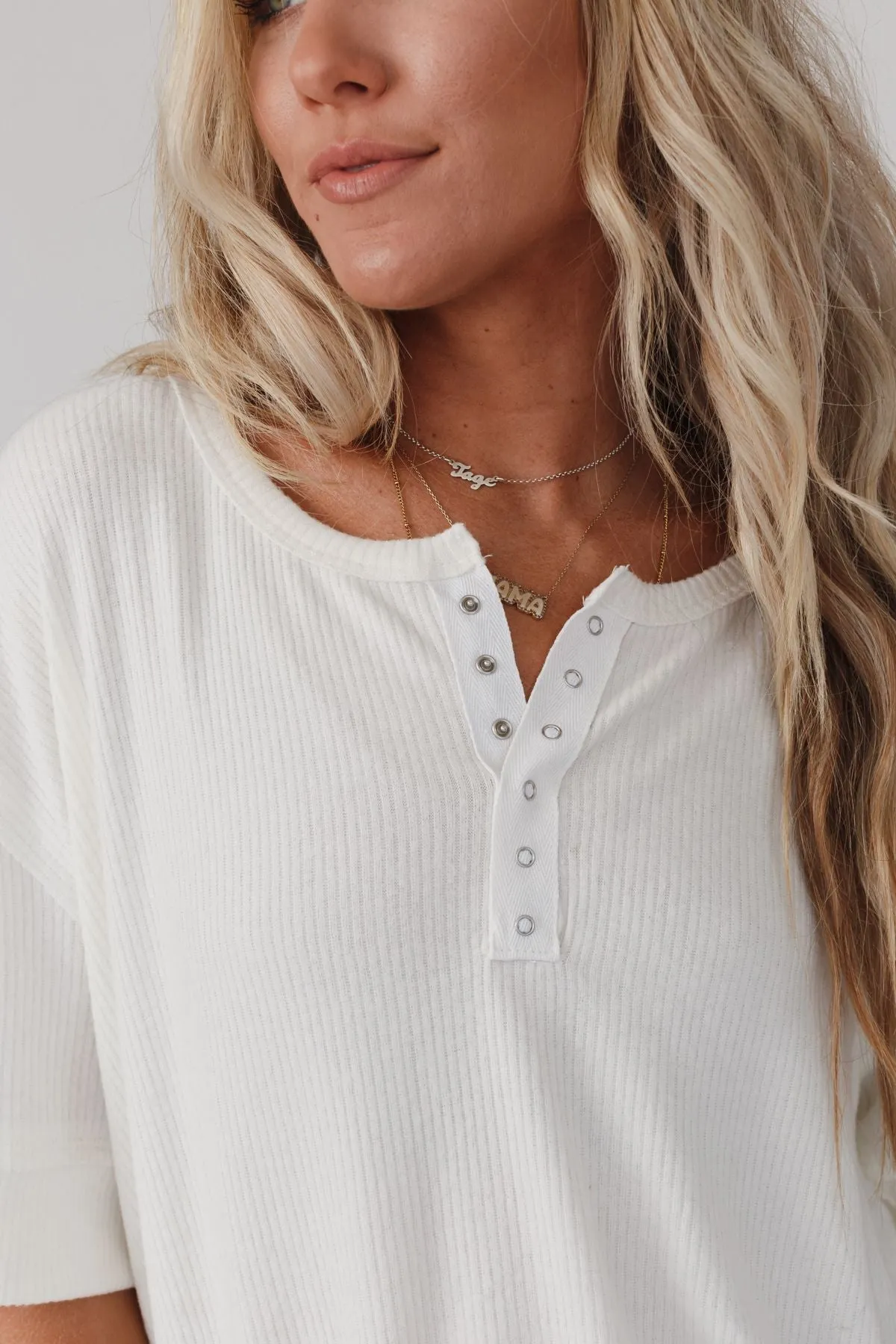 Leila Ribbed Henley Top - Ivory