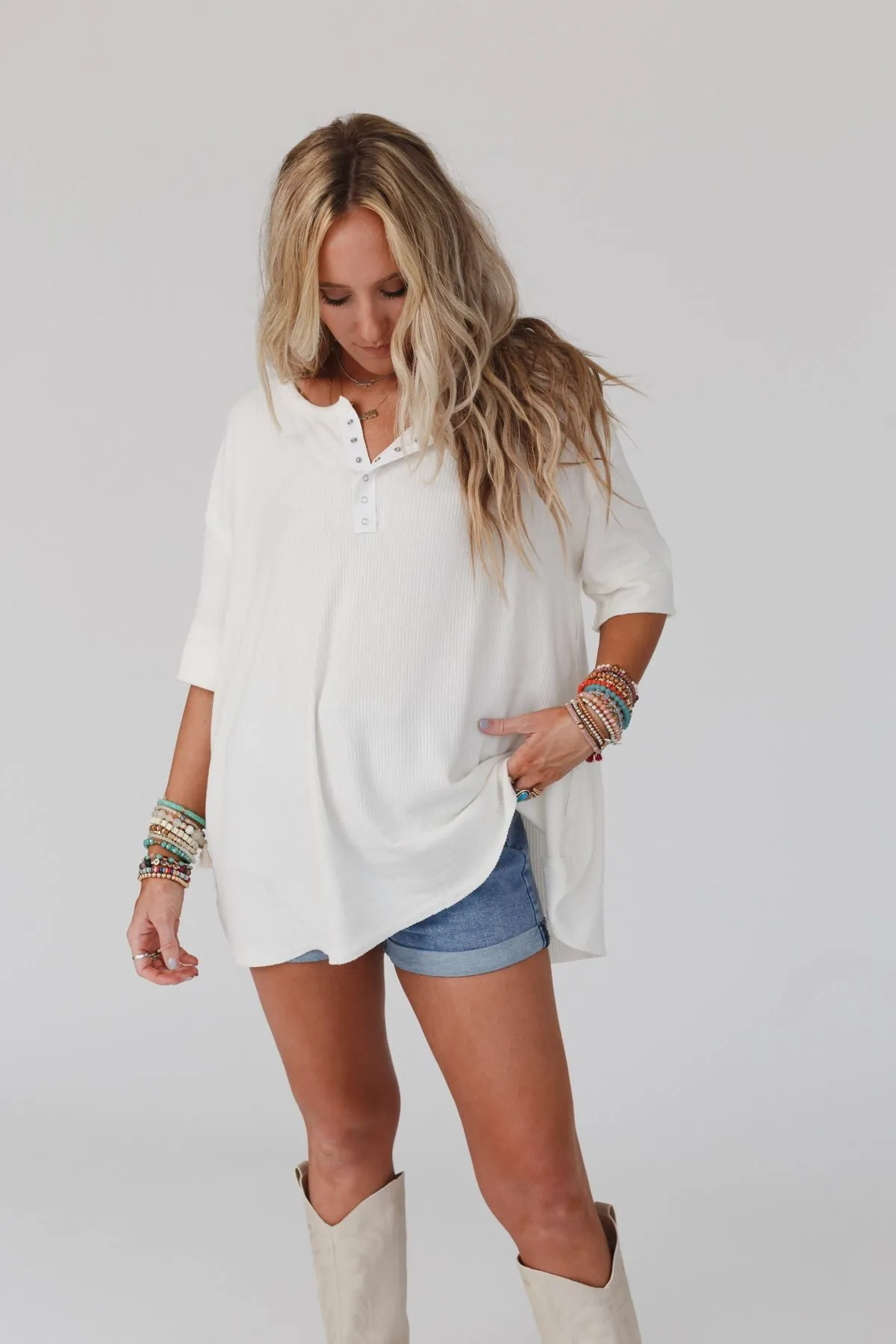 Leila Ribbed Henley Top - Ivory