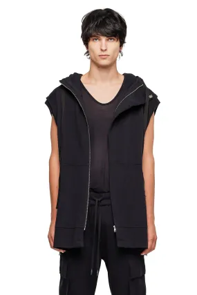 SLEEVELESS LONG HOODIE  IN BLACK