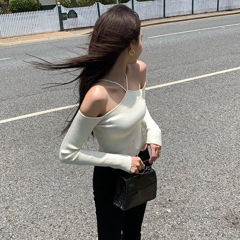 Sweater Mujer 2022 Sexy Off Shoulder Slim Knitted Sweaters Long Sleeve Pull Femme Autumn Vintage Chandails White Black Top Women